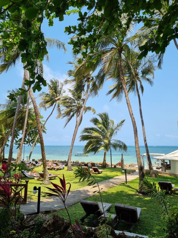 Severin Sea Lodge in Kenia - Bick auf Liegewiese und Strand Diani Beach - keniaurlaub.de Reisekontor Schmidt
