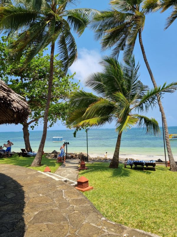 Severin Sea Lodge in Kenia - Bick auf Liegewiese und Strand Diani Beach - keniaurlaub.de Reisekontor Schmidt